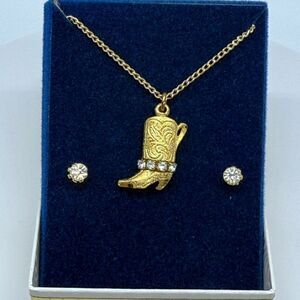 Vintage 90's Cowboy Boot Necklace and rhinestone stud earring set